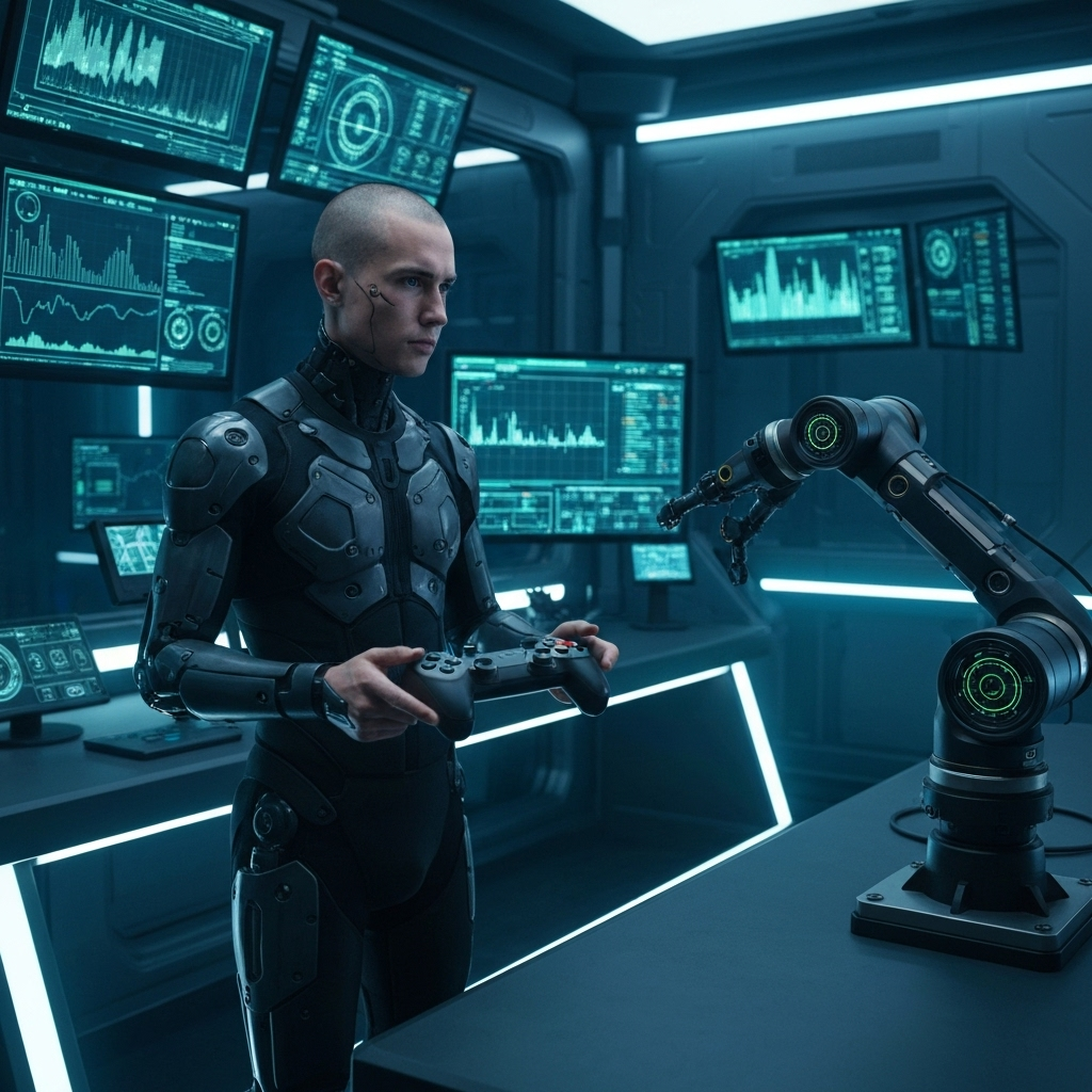 Person controlling LeKiwi robotic arm with gamepad in futuristic teleoperation center